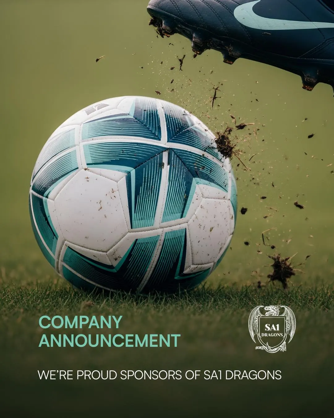CrewConnect Cleaning announcement graphic with a football on grass and the line We are proud sponsors of SA1 Dragons