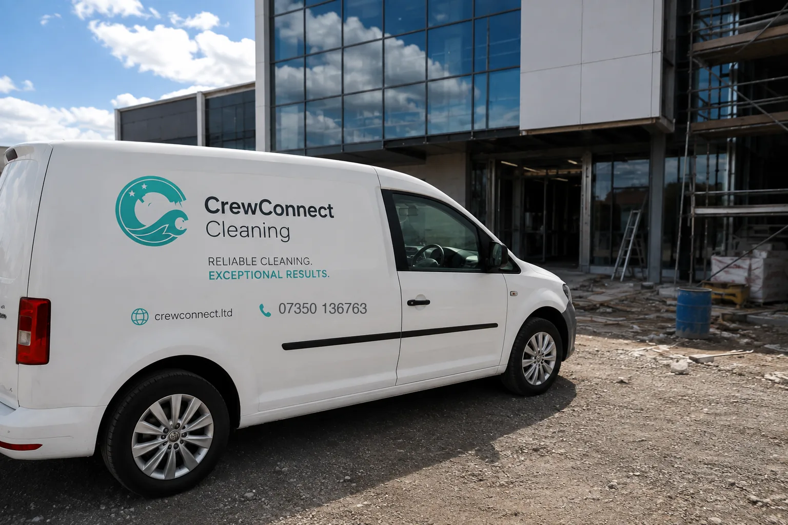 Sign-written CrewConnect Cleaning van in white livery with the teal wave logo, parked outside a glass-fronted commercial building
